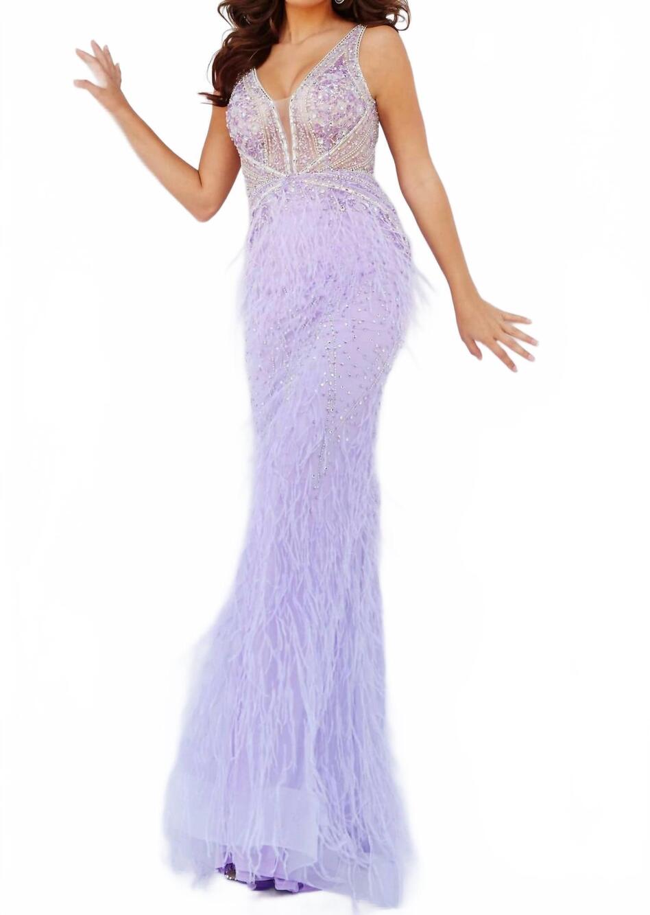 NEW JOVANI beaded feather long dress in lilac